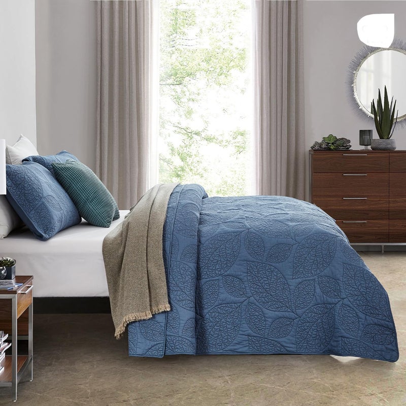 CHIXIN Botanical Cotton Quilt King Size - Real Stitching Leaf Pattern - Quilted Bedspread Coverlet Set, Ultra Soft, Lightweight, Reversible, 3 Piece, Navy Blue - Image 3